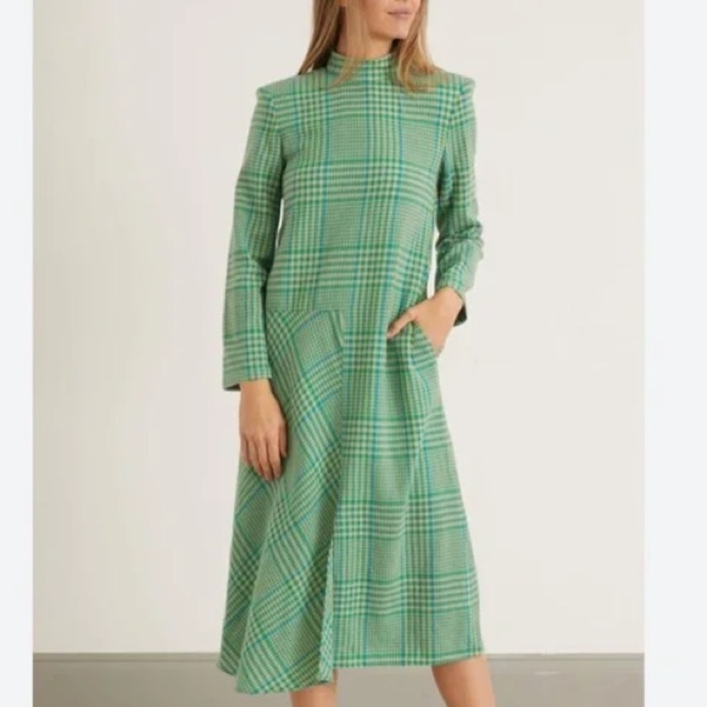 TIBI Green Sterling Plaid Gauze Midi Mock Neck Dress Green